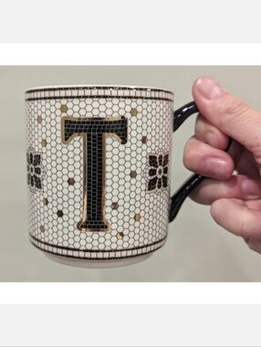 Anthropologie Margot Honeycomb Gold and Black Mosaic Monogram T Mug